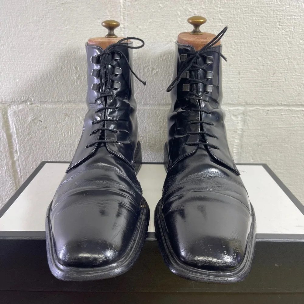 Gucci Men's Black‎ Leather Cap Toe Ankle Boots Dress Shoes Lace up Size 9.5 US